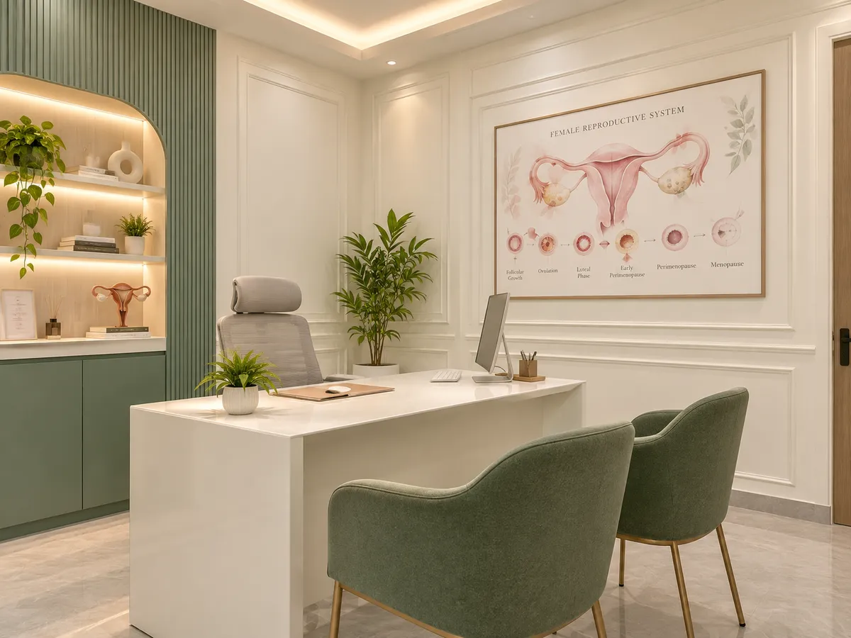 Illustration of a consultation room with a desk, chairs and wall artwork.